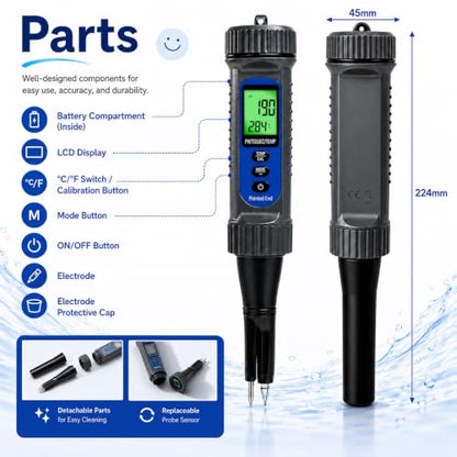 4-in-1 Digital pH Meter for Food – Professional pH/EC/TDS/Temp Tester with Probe for Sourdough, Cheese, Meat & Liquid – High Precision, ATC & Backlit LCD