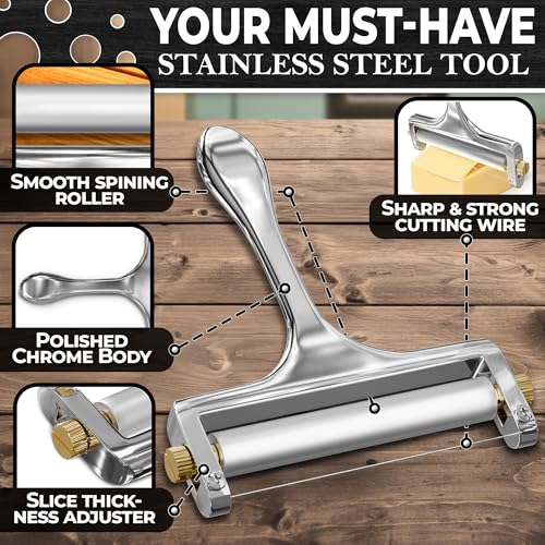 Cheese Slicer Wire - Sharp & Strong Stainless Steel Cheese Cutter Handheld with 2 Extra Wires, Slice Tickness Adjuster, Comfortable Handle & Dishwasher Safe, for Mozzarella, Cheddar & Gruyere Slicing