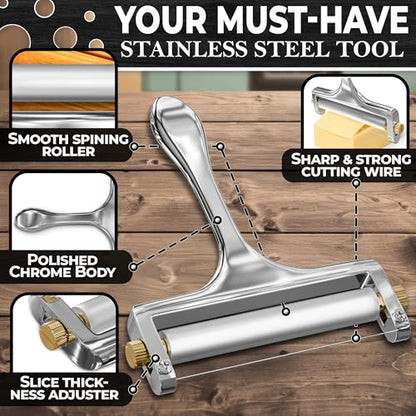 Cheese Slicer Wire - Sharp & Strong Stainless Steel Cheese Cutter Handheld with 2 Extra Wires, Slice Tickness Adjuster, Comfortable Handle & Dishwasher Safe, for Mozzarella, Cheddar & Gruyere Slicing