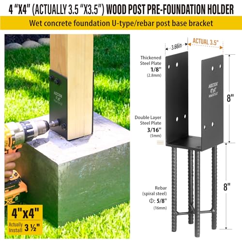 AECXM 4"x4" (Actually 3.5"x3.5") Heavy Duty U-Shaped Fence Post Holder Bracket, Wet Concrete Post Bracket, for Deck railings, Fences, mailboxes, gazebos Wet Concrete Foundation Support (Black-8Pack) - size: 4″x4″(Actual 3.5″x3.5″)