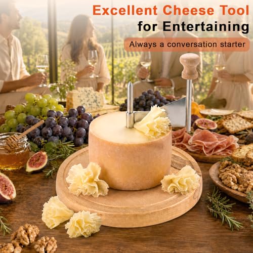 Cheese Curler Wheel, Stainless Steel Curly Cheese Shaver Flower Maker Slicer with Cutter Blade Wooden Base for Restaurants Cafes Dessert Kitchen Use Tools Utensils Gadgets Accessories