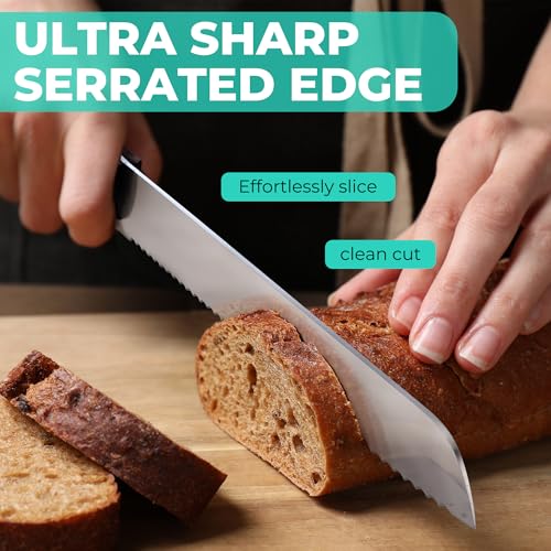 HAUSHOF Bread Knife with Sheath, 10-Inch Serrated Bread Knife for Homemade Bread, 5CR15M0V Premium Stainless Steel Bread Cutter with Gift Box for Mom Dad, Full Tang and Ergonomic Handle - size: 10 inches