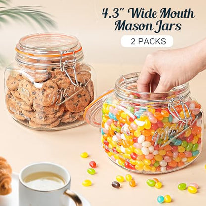2 Pack Half Gallon Mason Jar with Hinged Lid, Wide Mouth Glass Canisters for Food Storage, Cookie, Flour, Candy, Coffee, Pickle - 64 Oz Glass Jar with Lid - 2 Scale Marks & Vintage Mason Jars