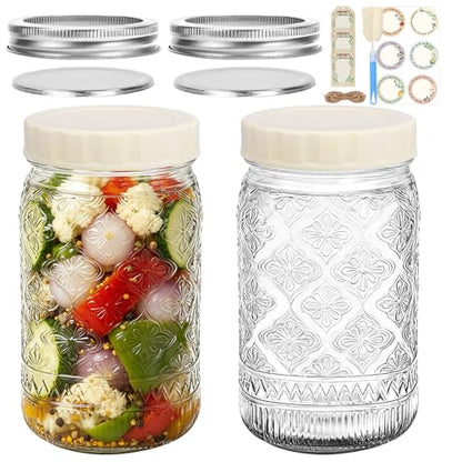 32oz Wide Mouth Mason Jars 2-Pack, Quart Glass Canning Jars with Airtight Lids and Bands & Extra Plastic Lids – Food Storage, Meal Prep, Pickling, Fermenting, Cold Brew, DIY Projects & Gifts - color: Clear-32OZ