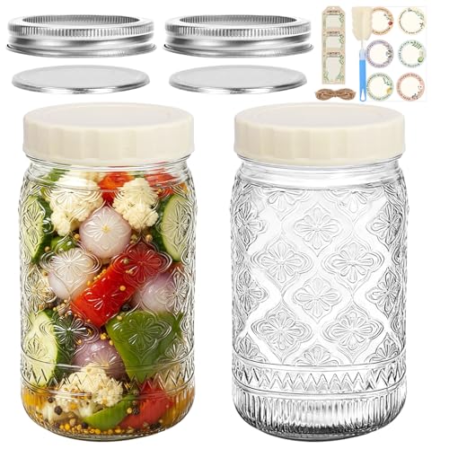 32oz Wide Mouth Mason Jars 2-Pack with Airtight Split Lids & Plastic Lids | Quart Glass Canning Jars for Food Storage, Meal Prep, Pickling, Fermenting, Cold Brew, DIY Projects & Gifts - color: Clear-32OZ