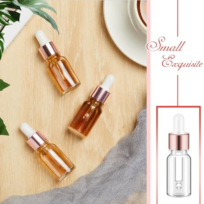Didaey 100 Pcs 1/2/3/5/10/15 ml Mini Glass Oil Dropper Bottle Bulk, Clear Essential Small Empty Bottles Sample Containers Perfume Liquid Vials with Cap for Traveling (10 ml,Rose Gold) - color: Rose Gold, size: 10 ml