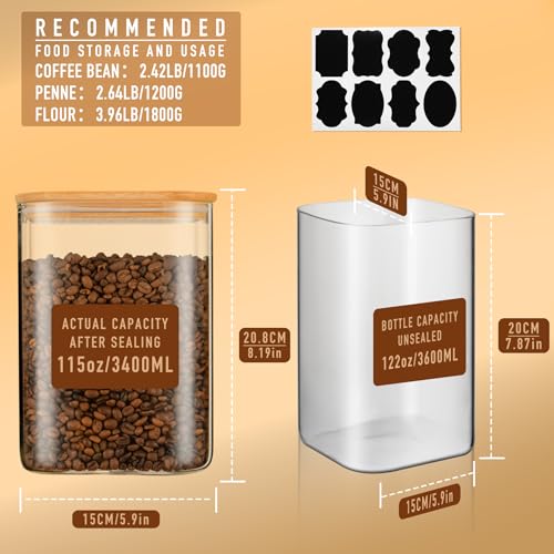 D2scrma 115oz Airtight Glass Square Storage Canister with Bamboo Lid Set of 2(3400ml*2) Large Storage Container Gallon Glass Jars, for Sugar, Flour, and Coffee bean (with Black Lable) - size: 115oz*2