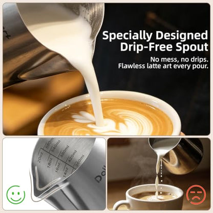 Milk Frother Cup, Dailyart 304 Stainless Steel Milk Frothing Pitcher with Thermometer - Milk Pitcher with Scale Espresso Machine Accessories for Coffee, Cappuccino, Espresso, Latte Art (600ml/20oz) - size: 20.3 Ounces
