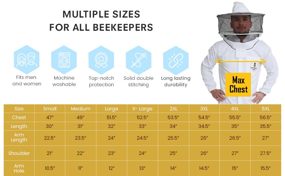 Beekeeping Jacket with Fencing Veil and Gloves, Cotton Bee Jacket for Men and Women, Heavy-Duty Brass Zippers - size: XL