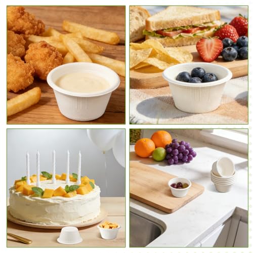 LeonBach 100 Pack Natural Bagasse Fiber Bowls 2oz Disposable Paper Cups Microwavable Safe Sample Snack Charcuterie Serving Cups Disposable Ramekins for Sauce Portion Condiment Ice Cream, White - color: White, style: 2oz-100 Pack