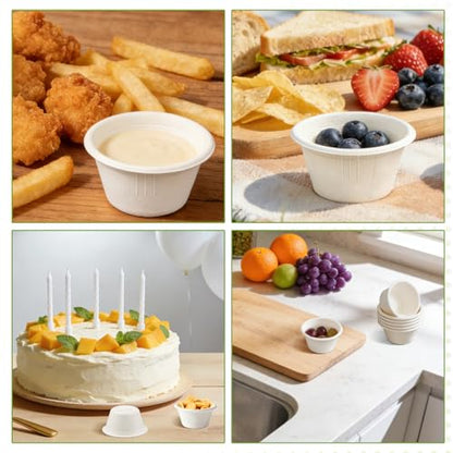 LeonBach 100 Pack Natural Bagasse Fiber Bowls 2oz Disposable Paper Cups Microwavable Safe Sample Snack Charcuterie Serving Cups Disposable Ramekins for Sauce Portion Condiment Ice Cream, White - color: White, style: 2oz-100 Pack