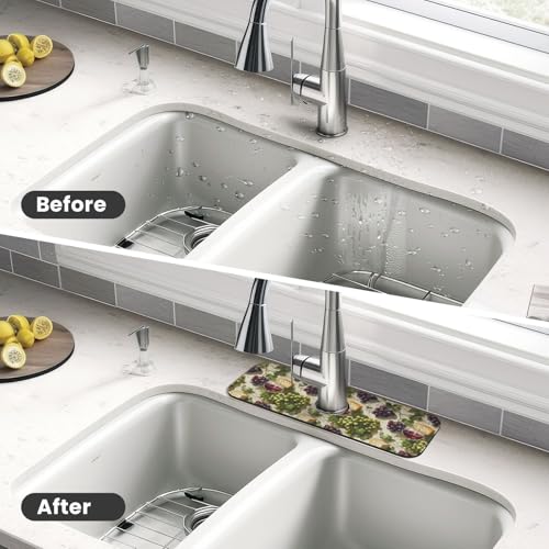 Faucet Mat for Kitchen Sink - Grape and Cheese Print Fast Drying Absorbent Splash Guard, Around Faucet Draining Mat for Kitchen Bathroom Sink
