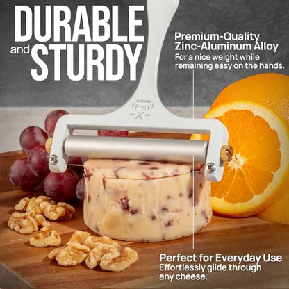 Zulay Kitchen Stainless Steel Wire Cheese Slicer - Adjustable Hand Held Cheese Cutter with 2 Extra Wires - Premium Cheese Shaver For Mozzarella, Cheddar, Gruyere - Cheese Cutter with Wire (White) - color: Frosted White