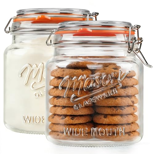 [NEW] 2 Pack Half Gallon Mason Jar with Hinged Lid, Wide Mouth Glass Flour Container for Food Storage, Cookie, Coffee, Pickle - 64 Oz Glass Jar with Glass Lid - Vintage Mason Jars w 2 Scale Marks