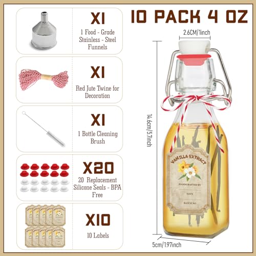10 Pack Swing Top Glass Vanilla Extract Bottles 4 oz with Lids, Vanilla Labels & Funnel, Boston Square Bottles for Homemade Syrup, DIY Gifts, Flip Top Jars for Extract - color: 10PC 4oz Square Bottle