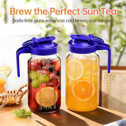 64oz Glass Pitcher with Lid & Spout – 2 Quart Mason Jars, Airtight & Leakproof Breastmilk Pitcher for Cold Brew Coffee, Sun Tea, Water, Juice – Wide Mouth, Fridge Safe - color: Blue, size: 64 Ounces