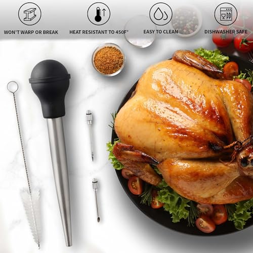 Zulay Kitchen Stainless Steel Turkey Baster for Cooking - Food Grade Metal Baster Syringe & Silicone Suction Bulb - Large Size With 2 Detachable Needles and Cleaning Brush