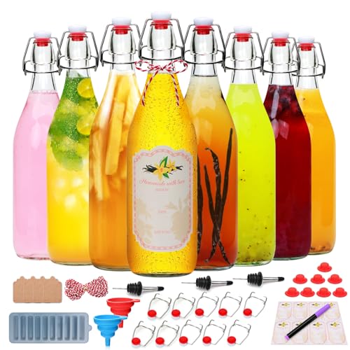 8 Set,Flip Top Glass Bottle,32oz Glass Bottle with Airtight Lid, Kombucha Bottles with Sealed Rubber Lid for Oil, Beer, Soda Water, Vinegar, Lemonade, Juice, Honey, DIY Storage Containers - size: 32oz-8pcs