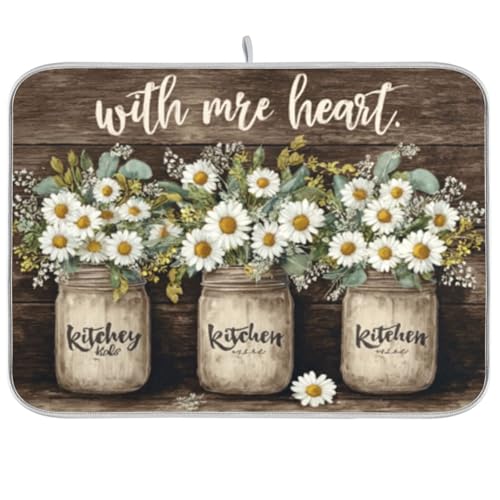 Kcldeci Three Mason Jars White Daisies Dish Drying Mat Kitchen Counter Mat Draining Mat Kitchen Accessories Dish Rack Pad for Dishes, Utensils, Countertops, Sinks 16x18in - color: three mason jars white daisies, size: 16x18in