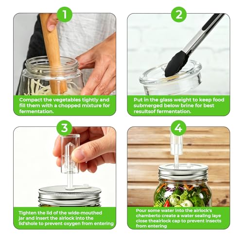 Fermentation Kit for Wide Mouth Mason Jars, 26-in-1 Complete Fermentation Starter Kit with 4 Stainless Steel Lids, 4 Glass Weights, 4 Airlocks, 24 Labels, Long Handle Brush, Silicone Tong & Pounder