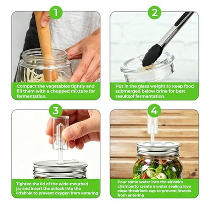 Fermentation Kit for Wide Mouth Mason Jars, 26-in-1 Complete Fermentation Starter Kit with 4 Stainless Steel Lids, 4 Glass Weights, 4 Airlocks, 24 Labels, Long Handle Brush, Silicone Tong & Pounder