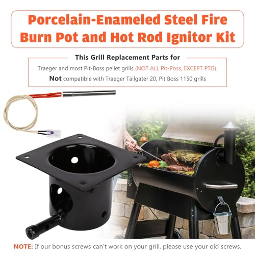 Upgraded Fire Burn Pot and Hot Rod Ignitor Kit Replacement Parts for Traeger, Pit Boss & Camp Chef Pellet Grill Smoker, Durable Fire Burner Pot with Ash Remover, Screws & Fuse, Enamel Fire Pot - size: Fire Burn Pot + Ignitor