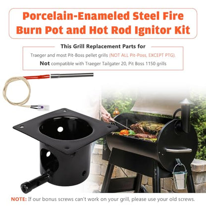Upgraded Fire Burn Pot and Hot Rod Ignitor Kit Replacement Parts for Traeger, Pit Boss & Camp Chef Pellet Grill Smoker, Durable Fire Burner Pot with Ash Remover, Screws & Fuse, Enamel Fire Pot - size: Fire Burn Pot + Ignitor
