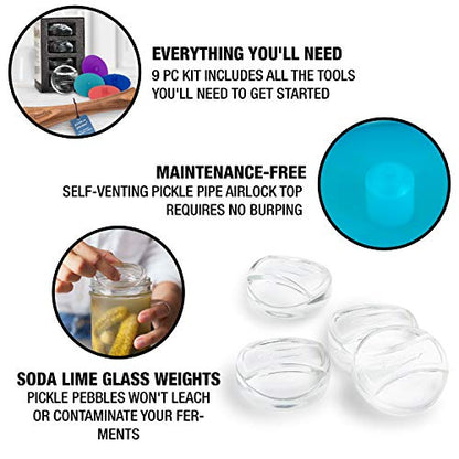 Masontops Deluxe Mason Jar Fermentation Tool Set - Regular Mouth Essentials - Silicone Pipe Lids Plus Weights And Tamper