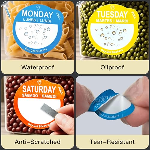 Day Dots Food Labels, 1 Inch 7000 Pcs Removable Date Stickers for Food, 7 Rolls Wmiwulien Day Labels for Restaurant Kitchen Containers, Self Adhesive Day Dot Sticker - color: Day Dots Food Labels