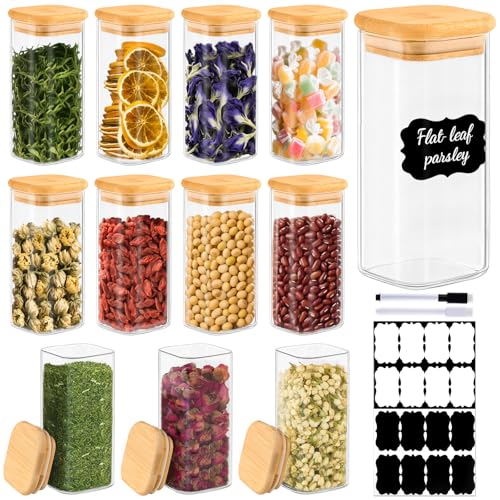 TBWIND 12 Pack 10 oz Square Glass Spice Jars with Lids and Labels – Airtight Small Spice Containers Set, Clear Glass Storage Jars for Seasoning, Spices, Kitchen Pantry Organization - color: Square/10oz/12pcs