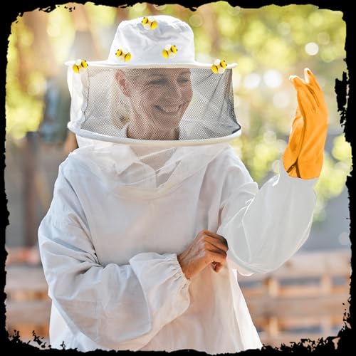 62 Pcs Beekeeper Costume Set Bee Keeper Hat with Veil 20pcs Felt Bees Beekeeping Gloves 2 Sheets Double Sided Tape Bee Keeper Costumes Adult Halloween Costume