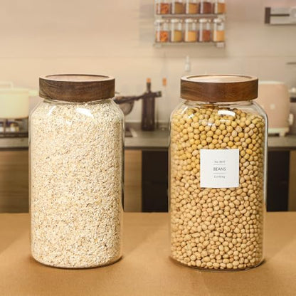 KEYWING 88oz Large Glass Jars with Airtight Acacia Wood Lids, Set of 3 Food Storage Containers for Flour, Sugar, Rice, Pasta, Cereal, Cookies – Includes 126 Labels - size: 88 Fl.oz