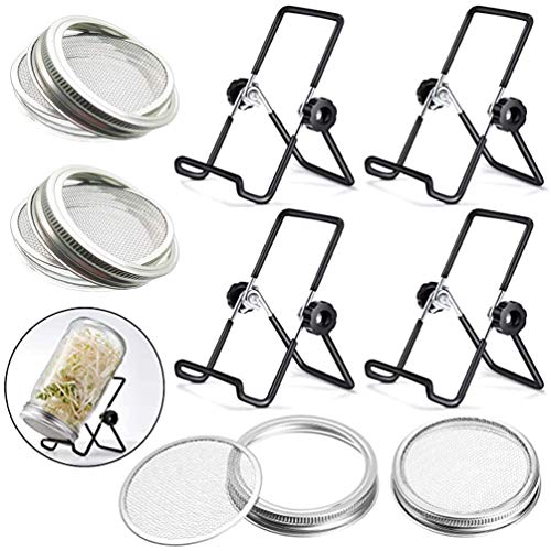 Sprouting Jar Lid (32oz Glass Jars) with 4 Pack Stainless Steel Sprouting Stands for Wide and Wide Mouth Mason Jar for Growing Organic Sprouts, Stainless Steel