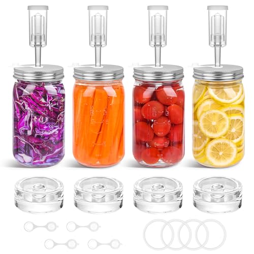 32 oz Mason Jar Fermentation Kit 4 Pack(Jar Included),Sauerkraut/Pickling Kit with 4 Pack Fermenting Jars, Glass Fermentation Weights,Fermentation Lids,Airlocks,Silicone Gaskets and Silicone Grommets - color: transparency