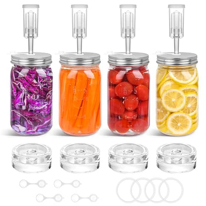 32 oz Mason Jar Fermentation Kit 4 Pack(Jar Included),Sauerkraut/Pickling Kit with 4 Pack Fermenting Jars, Glass Fermentation Weights,Fermentation Lids,Airlocks,Silicone Gaskets and Silicone Grommets - color: transparency