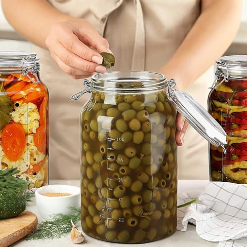1 Gallon Round Glass Storage Jars, Airtight Glass Pickle Jars, Mason Jars | 4.3" Wide Mouth, Airtight Flip Lid, 2 Pack Food Grade Canisters, Gallon Glass Jars with ML/OZ Scale Line, Dishwasher Safe