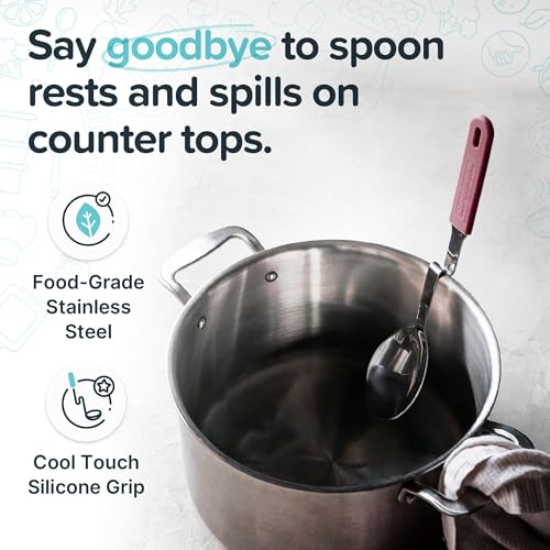 Souper Cubes + Lori Greiner No Mess Stainless Steel Cooking Spoon with Silicone Handle - Stainless Steel Serving Spoon No Mess Design Hooks on Side of Any Pot - Cranberry - color: Cranberry, size: Spoon 1-Pack