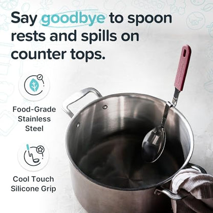 Souper Cubes + Lori Greiner No Mess Stainless Steel Cooking Spoon with Silicone Handle - Stainless Steel Serving Spoon No Mess Design Hooks on Side of Any Pot - Cranberry - color: Cranberry, size: Spoon 1-Pack