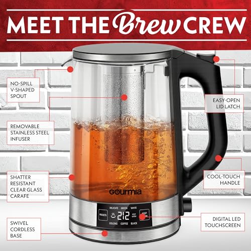 Gourmia Programmable Digital Glass Kettle – 1.7L Adjustable Temperature Electric Kettle with 6 Presets, Keep Warm, Stainless Steel Tea Infuser, 360° Swivel Base, Black
