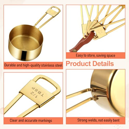 9 PCS GOLD Stainless Steel Measuring Cups and Spoons Set, Gold Nesting Design Teaspoon Stackable Cups and Spoons Heavy Duty Measuring Cup Set for Dry and Liquid Ingredients and Baking, Cooking(Golden) - color: Gold