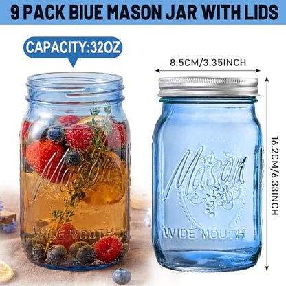 SUT Blue Wide Mouth Mason Jars 32 oz,9 Pack Glass Jars with Airtight lid, Canning jars for Preserving, Jam, Honey, Jelly, Wedding Favors, Sauces, Meal Prep, Overnight Oats, Salad - color: Blue
