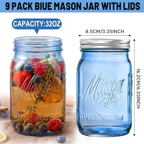 SUT Blue Wide Mouth Mason Jars 32 oz,9 Pack Glass Jars with Airtight lid, Canning jars for Preserving, Jam, Honey, Jelly, Wedding Favors, Sauces, Meal Prep, Overnight Oats, Salad - color: Blue