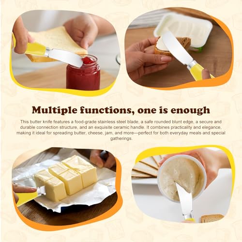 Butter Spreader Knife Set, 2-Pack Stainless Steel Cheese and Butter Knives with Ceramic Handle, Dishwasher Safe, for Soft & Hard Cheese, Jam, Cold Butter (yellow) - color: yellow