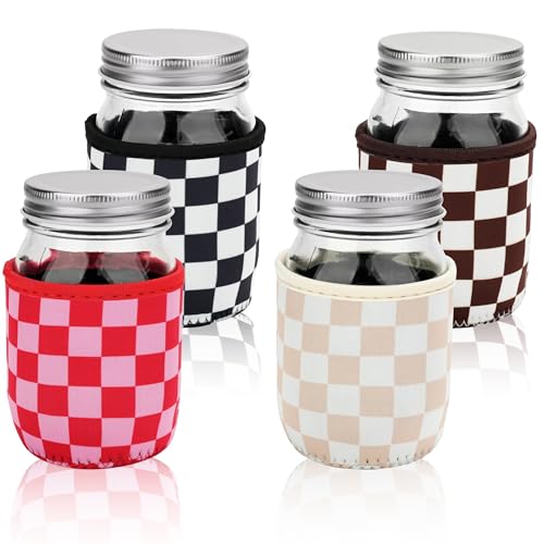 KJQJLY 4 Pcs Mason Jars Sleeves Neoprene 16oz Regular and Wide Mouth Mason Jar Sleeves Holder with Handle (Checkered, 16 OZ) - color: Checkered, size: 16 OZ