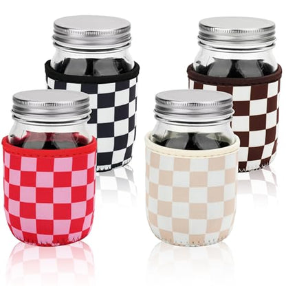 KJQJLY 4 Pcs Mason Jars Sleeves Neoprene 16oz Regular and Wide Mouth Mason Jar Sleeves Holder with Handle (Checkered, 16 OZ) - color: Checkered, size: 16 OZ