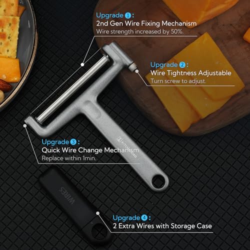KITCHENDAO Replaceable Wire Cheese Slicer Cutter, 50% Stronger Wires with 2nd Gen Wire Fixing Mechanism, Tightness Adjustable, Easy Replacement, Dishwasher Safe, 2 Extra Wires - color: KD20297S Cheese Slicer (Silver)