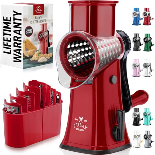 Zulay Kitchen Rotary Cheese Grater 5 Blade Cheese Shredder - Manual Hand Crank Cheese Grater With Reinforced Suction & 5 Interchangeable Drums - Easy to Use, Vegetable Chopper Round Mandoline Slicer - color: Maroon