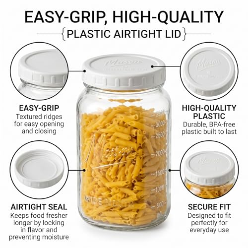 1 Gallon Glass Jars with Lids - Extra Large Mason Jars Wide Mouth with Airtight Plastic Screw On Lids - Square Glass Storage Containers with Measurements for Flour, Sugar, Cookies & Pickling, 3 Pack
