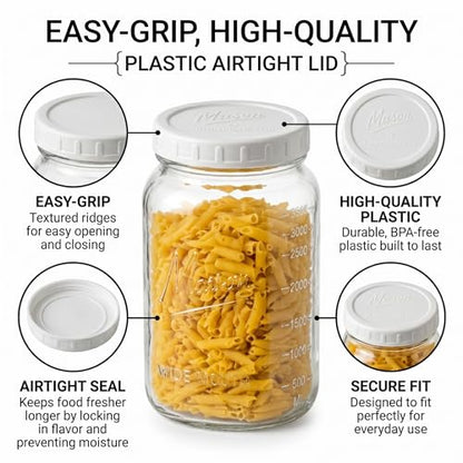 1 Gallon Glass Jars with Lids - Extra Large Mason Jars Wide Mouth with Airtight Plastic Screw On Lids - Square Glass Storage Containers with Measurements for Flour, Sugar, Cookies & Pickling, 3 Pack