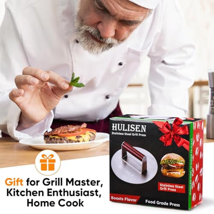 HULISEN 8.5-Inch Burger Press, 2.5 lbs Heavy Duty Bacon & Grill Press, Stainless Steel Smashed Burger Press, Round Smasher with Wood Handle, BBQ Griddle Accessories for Hamburger, Steak, Meat - size: 8.5 Inch Round